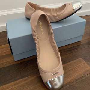 Prada Metallic Cap-Toe Ballerina Flats Beige
